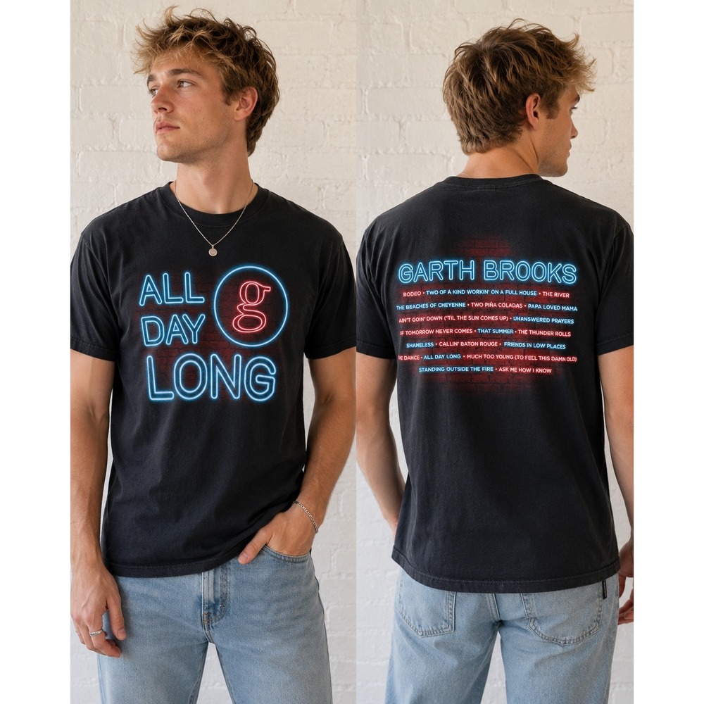 Garth Brooks All Day Long Neon Graphic T-Shirt Mens Small Black Hanes Cotton Tee